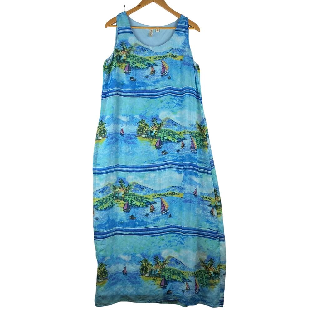 Tacera Sleeveless Chiffon Maxi Dress Womenโs Large Island Scene Nautical Boats